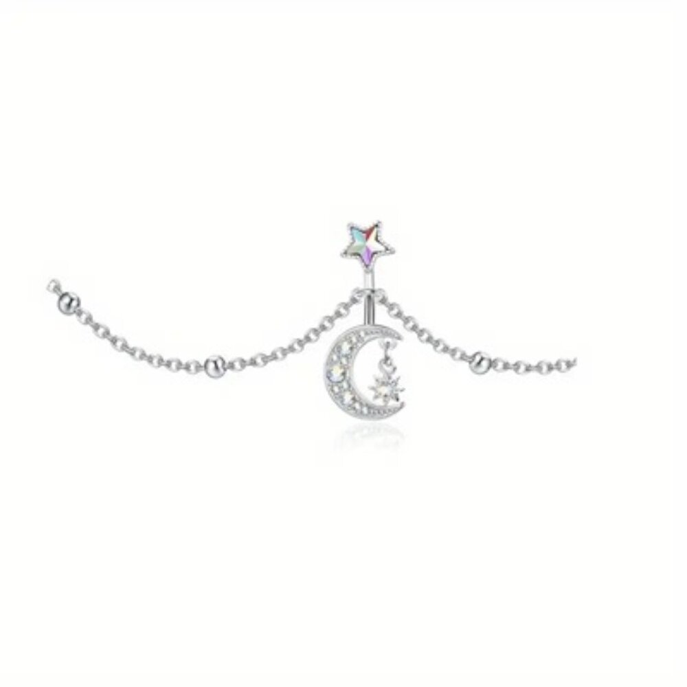 Navel Waist Body Chain Silver Moon & Star Clear Crystals Round ~ NBC-6004